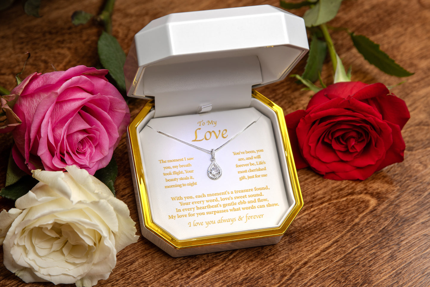 Luxury Jewelry Gift Box For Her, Leather, LED Light, Sterling Silver Pendant Necklace & Love Note. Gift for Wife, Woman Girlfriend, Christmas, Birthday, Valentine’s, or Anniversary